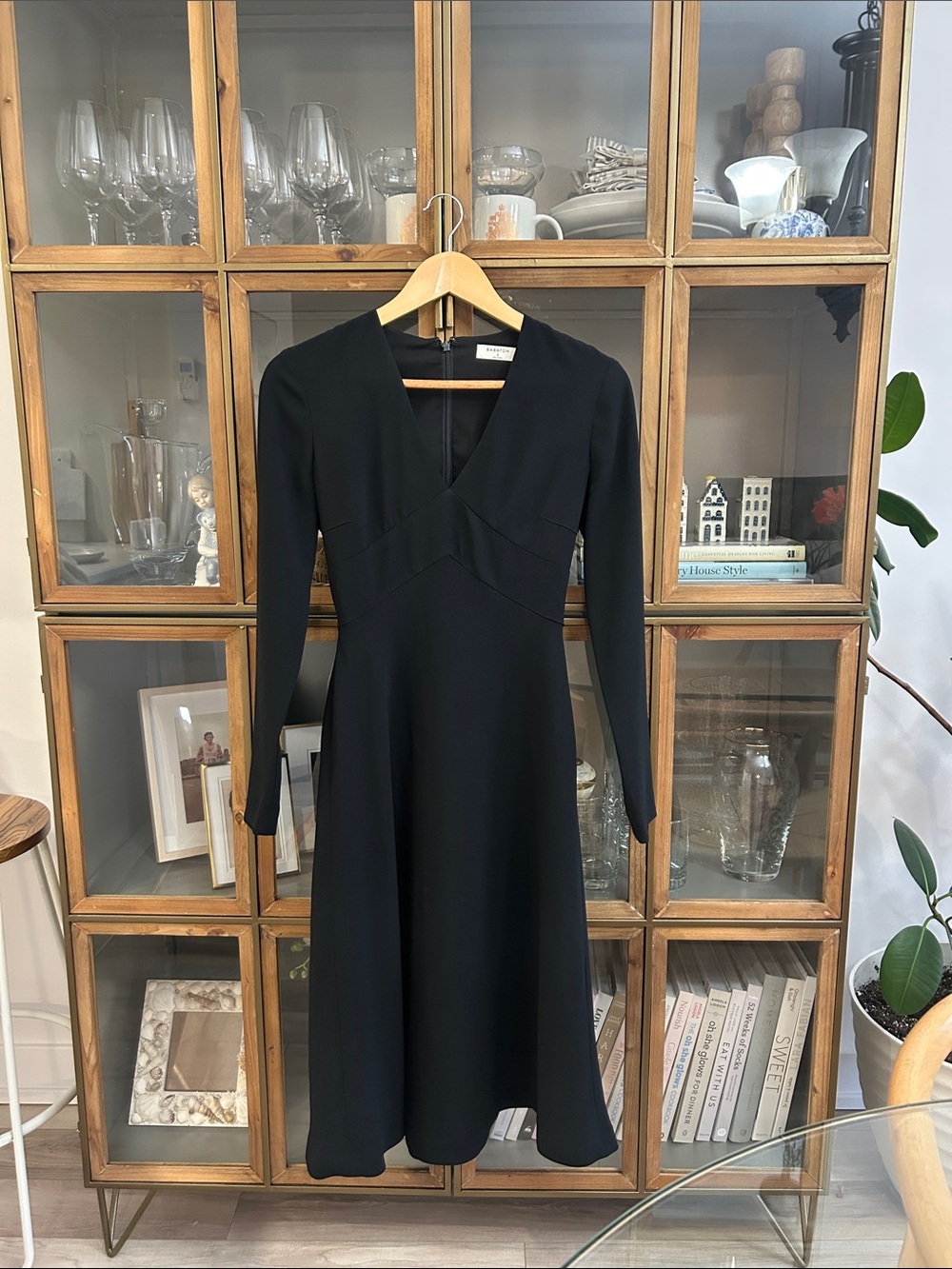 Aritzia Babaton Classic Black Long-Sleeve V-Neck Midi Dress